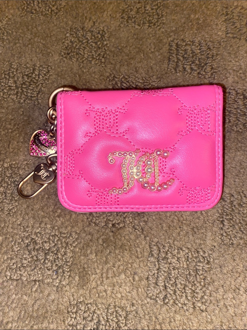 Juicy Couture Hot Pink Quilted Card Holder Keychain with Logo Charm